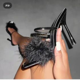 Stiletto Slippers Women's 2022 Summer New European And American Large Size Pointed Fish Mouth Ladies Plush Sandals And Slippers (Color: Black, size: 39.0)